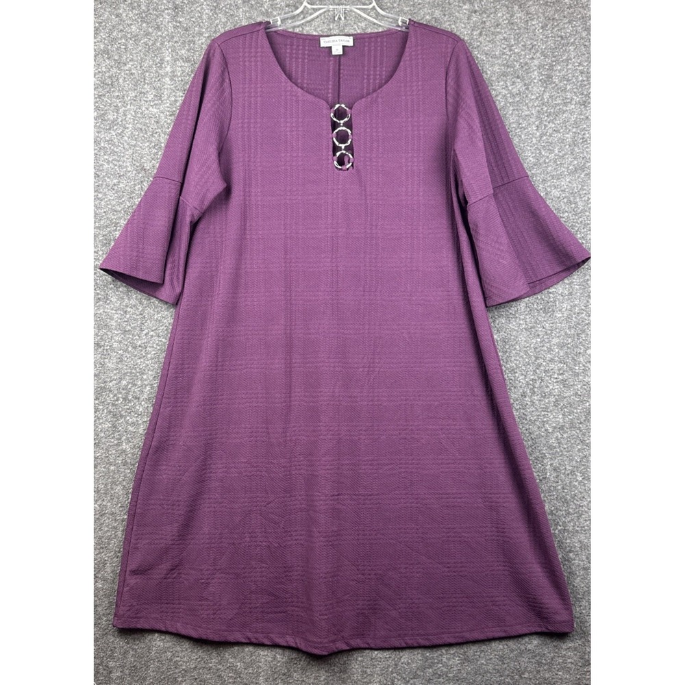 Chelsea Taylor 1X Purple Shift Dress Flare Bell Sleeves Ring Neck Stretch
